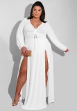 Plus Size White High Slit V-Neck Long Sleeve Maxi Dress