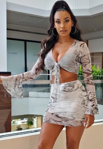 Sexy Print V Neck Flare Cuff Crop Top and Mini Skirt Set