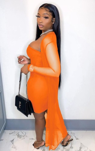 Sexy Orange Strapless Bodycon Dress with Long Cardigan