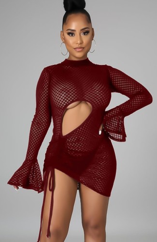 Burgundy Hollow Out Ruched Drawstrings Flare Cuff Mini Dress