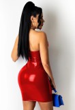 Red PU Leather Hollow Out Halter Ruched Bodycon Dress