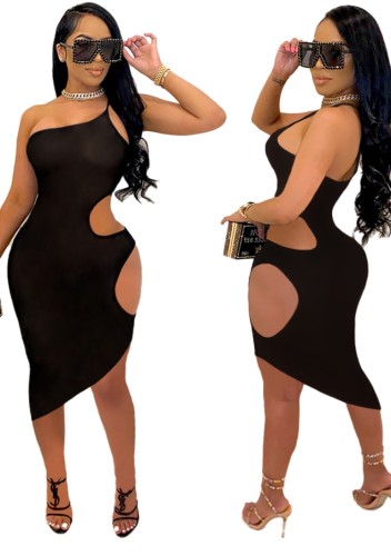 Black Sexy Cut Out One Shoulder Irregular Bodycon Dress