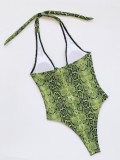 Green Snakeskin Print One Piece Lace Up Swimsuit
