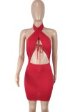 Red Sexy Wrap Halter Hollow Out Mini Club Dress