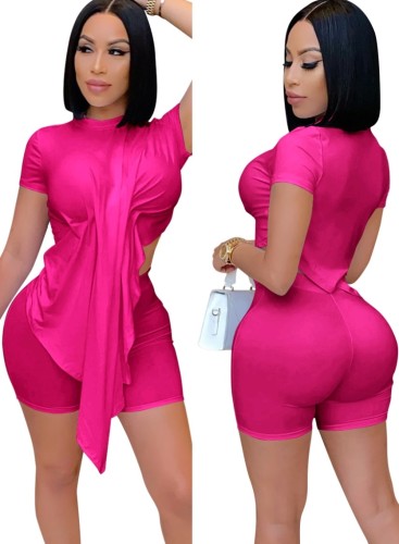 Hot Pink Irregular Top and Shorts Two Piece Outfits