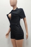 Casual Black Short Sleeve Tight Zip Up Collar Rompers