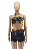 Black Splash Ink Print Wrap Halter Crop Top and Cutout Shorts Set
