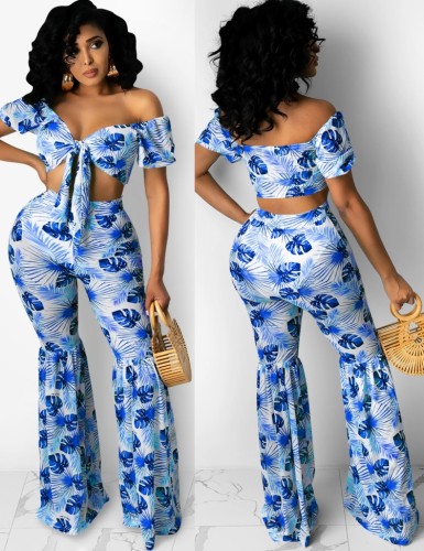 Print Matching 2PCS Blue Tie Front Crop Top and Flare Pants