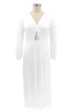 Plus Size White High Slit V-Neck Long Sleeve Maxi Dress