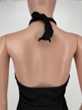 Black Wrap Halter Long Top and Shorts Two Piece Set