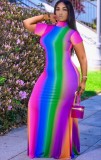 Short Sleeves Striped Colorful High Neck Maxi Dress