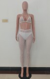 White Hollow Out Mesh Bra and Pants Two Piece Beachwear