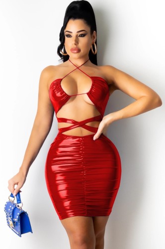Red PU Leather Hollow Out Halter Ruched Bodycon Dress