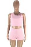 Pink Ribbed Crop Tank and Biker Shorts Two Piece Set Set