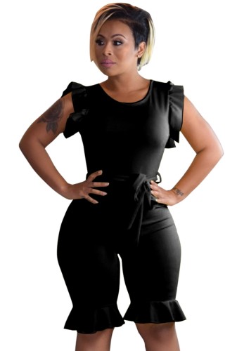 Black Ruffle Belted Bodycon Rompers
