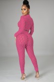 Pink Sexy Hollow Out Long Sleeve Crop Top and Pants Bodycon 2PCS Set