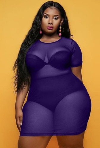 Plus Size Purple Short Sleeve Transparent Mesh Bodycon Dress