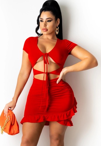 Red Cut Out Tie Front Sexy Ruffle Mini Dress