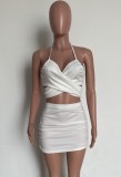 Sexy White Ruched Wrap Halter Crop Top and Mini Skirt Set