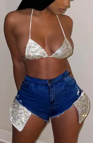 Blue High Cut Denim Shorts with Glittering Patch