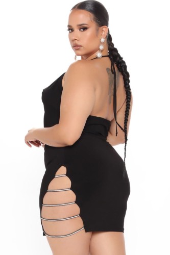 Sexy Black Hollow Out Low Back Halter Mini Club Dress