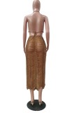 Sexy Brown Ripped Tassel Crop Top and Slit Long Skirt Knit Cover-Up 2PC Set