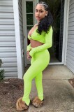 Green Sexy Long Sleeve Twist Crop Top and Pants 2PCS Set