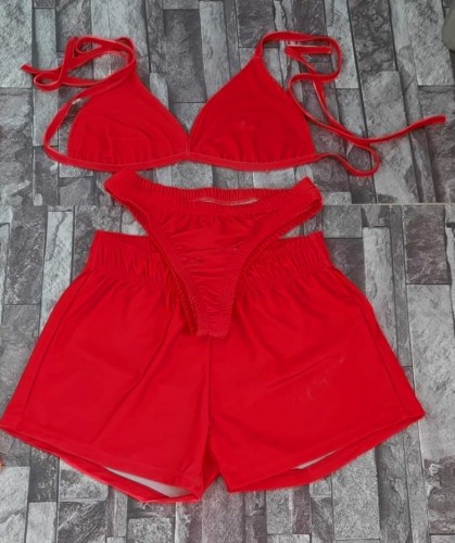 Sexy Red Bikini & Boy Shorts 3pcs Set