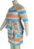 Plus Size Stripes Off Shoulder Belted Half Sleeve Peplum Dress