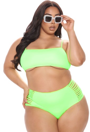 Plus Size Green High Waist Hollow Out Strappy Swimwear