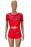 Sports Red Striped Button Top and Biker Shorts 2PCS Set