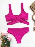 Hot Pink Tie Front Two Piece High Waist Swimwear