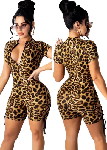 Sexy Zipper Leopard Print Bodycon Rompers
