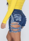 Dark Blue High Waisted Broken Holes Stylish Denim Shorts