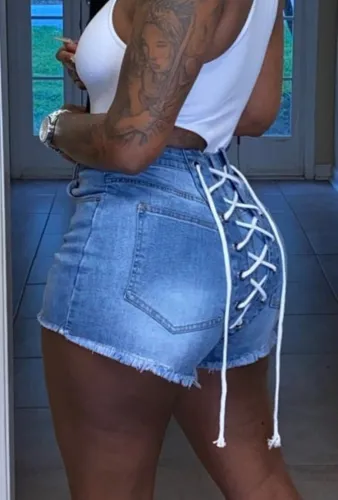 Sexy Lace Up Back Stylish Blue Fringe Denim Shorts