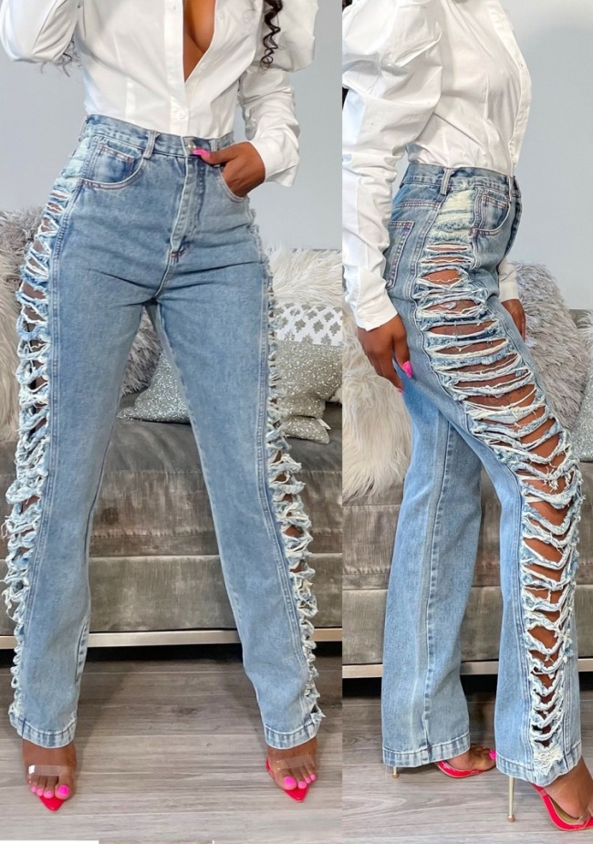 Trendy Blue High Waist Sides Ripped Jeans