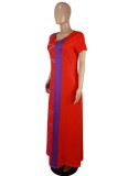 Short Sleeve V-Neck Print Red Loose Maxi Dress