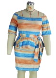 Plus Size Stripes Off Shoulder Belted Half Sleeve Peplum Dress
