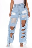 Trendy Tassels Cut Out Ripped Holes Blue Jeans