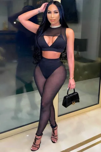 Two Piece Black Mesh Splicing Sexy Crop Top and Pants