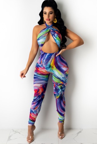 Abstract Print Sexy Wrap Halter Bodycon Jumpsuit