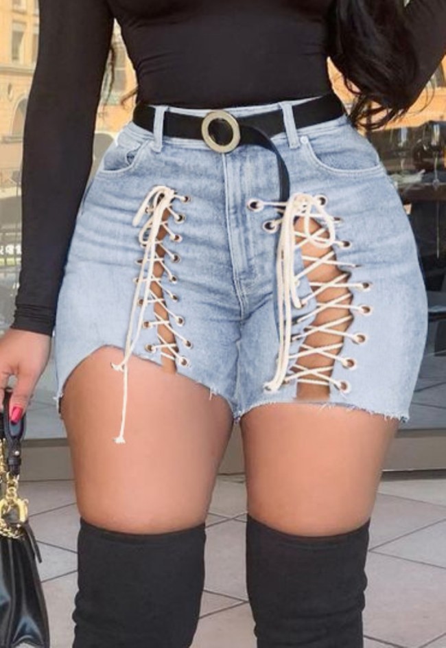 Sexy Lace Up Light Blue High Waist Stylish Denim Shorts