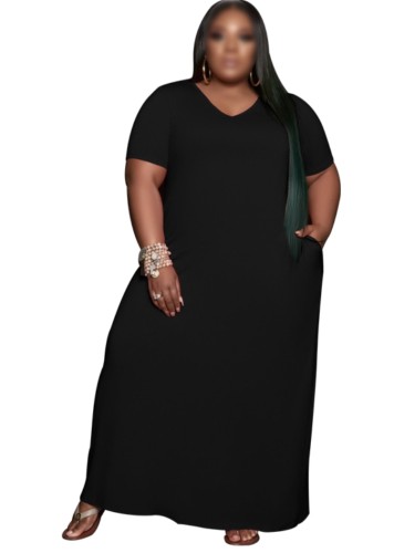 Plus Size Black V-Neck Loose Maxi Dress