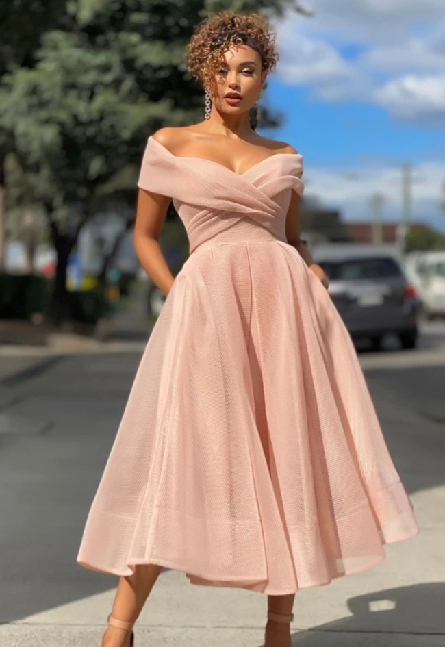 Occasional Pink Off Shoulder High Waist A-Line Prom Dress