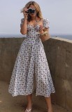 Floral High Slit Square Neck Puff Sleeve Maxi Dress