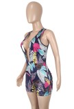 Print Leaf Plunge Sleeveless Sexy  Bodycon Rompers