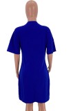 Print Blue V-Neck Loose Pocketed T-Shirt Dress