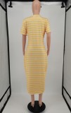 Sexy Plus Size Yellow Striped V-Neck Short Sleeve Midi Dress