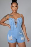Light Blue Lace-Up Sexy Ripped Strap Denim Rompers