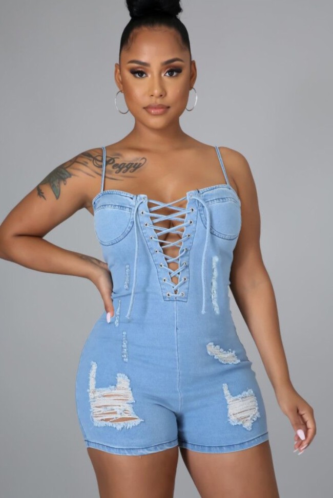 Light Blue Lace-Up Sexy Ripped Strap Denim Rompers